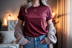 Maroon shirt blue jeans cardigan mockup image Product Image 1