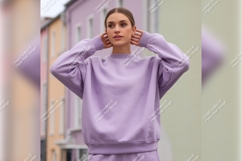 Woman In Lavender Sweatshirt Tshirt Mockup Posing Product Image 1