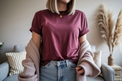 Maroon t shirt mockup with cardigan and jeans image Product Image 1
