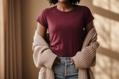 Maroon t shirt and beige cardigan mockup image Product Image 1