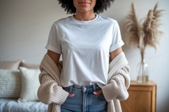 Woman wearing white t shirt and jeans Mockup Product Image 1