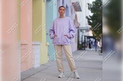 Woman In Oversized Sweatshirt Tshirt Mockup Product Image 1