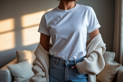 White T Shirt Blue Jeans Cardigan Mockup image Product Image 1