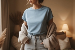 Woman wearing blue t shirt and cardigan Product Image 1