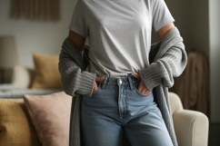 Grey tee blue jeans grey cardigan image Product Image 1