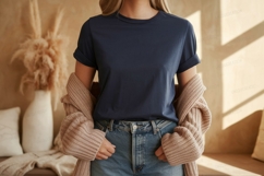 Navy blue t shirt mockup with beige cardigan Product Image 1