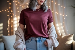 Maroon tee light cardigan denim jeans Product Image 1