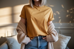 Mustard tee with rolled sleeves and beige cardigan Product Image 1