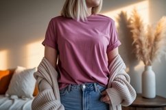 Woman wearing pink t shirt and blue jeans image Product Image 1