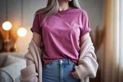 Woman wearing pink t shirt and blue jeans image Product Image 1
