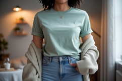 Woman wearing mint t shirt and denim jeans t-shirt Product Image 1