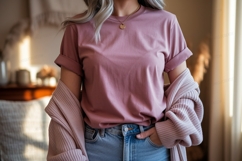 Woman wearing pink t shirt and jeans t-shirt casual Product Image 1