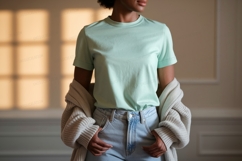 Light green t shirt and denim jeans Product Image 1