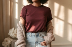 Maroon t shirt light wash denim Mockup Product Image 1