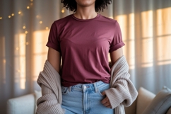 Maroon T Shirt Denim Jeans Cardigan Mockup Product Image 1