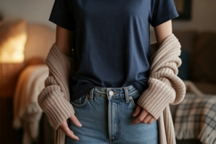 Casual blue tee and denim jeans with cardigan image Product Image 1