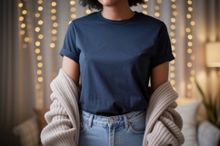 Dark blue t shirt mockup with cozy cardigan image Product Image 1