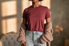 Woman wearing maroon t shirt and light jeans image Product Image 1