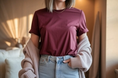 Maroon t shirt light cardigan denim Mockup Product Image 1