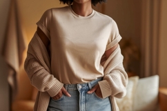 Woman wearing beige t shirt and cardigan image Product Image 1