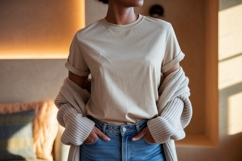 Casual Beige TShirt Mockup With Cardigan Product Image 1
