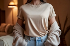 Woman wearing beige t shirt and denim jeans image Product Image 1