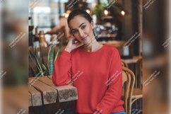 Woman In Red Tshirt Mockup At Cafe Product Image 1