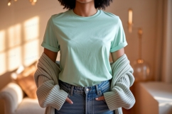 Woman wearing mint t shirt and denim jeans image Product Image 1