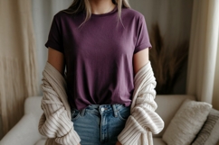Plum t shirt and cream cardigan mockup image Product Image 1