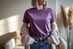 Purple t shirt mockup with casual outfit woman Product Image 1