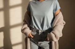 Light blue t shirt and beige cardigan mockup Product Image 1