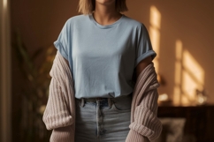 Light blue t shirt and knit cardigan mockup image Product Image 1