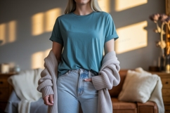 Teal shirt light jeans knit cardigan image Product Image 1