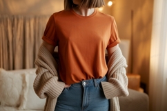 Orange t shirt blue jeans cozy cardigan image Product Image 1