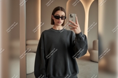 Woman Taking Selfie In Sweatshirt Tshirt Mockup Product Image 1
