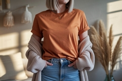 Orange t shirt and cardigan mockup jeans Product Image 1