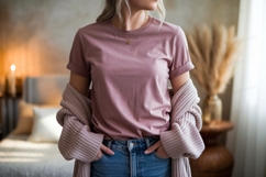 Woman wearing pink t shirt and jeans Mockup Product Image 1