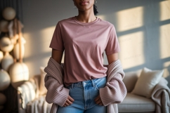 Woman wearing pink t shirt and blue jeans image Product Image 1
