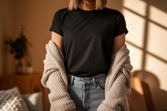 Black t shirt and beige cardigan mockup Product Image 1