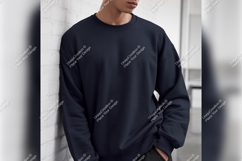 Man In Navy Blue Tshirt Mockup Leaning Product Image 1