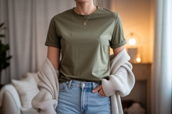 Olive tee light wash jeans cardigan mockup image Product Image 1