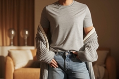 Grey shirt blue jeans knit cardigan image Product Image 1