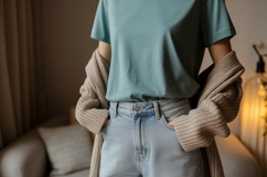 Teal t shirt light denim jeans beige cardigan image Product Image 1