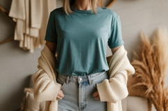 Teal t shirt light wash denim jeans cream cardigan Product Image 1