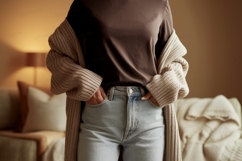 Casual outfit brown top light jeans beige cardigan Product Image 1