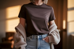 Brown t shirt mockup with cardigan clothing Product Image 1