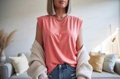 Coral sleeveless top with gold necklace image Product Image 1