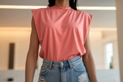 Coral top denim shorts casual Product Image 1