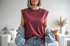 Maroon sleeveless shirt denim jacket image Product Image 1