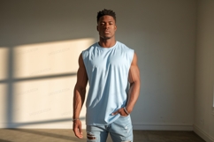 Muscular man light blue tank top denim Product Image 1